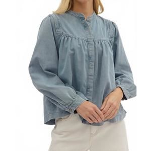 NEW ENTRO abby light long sleeve denim top in blue